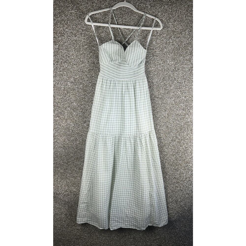 Altard State Gingham Maxi Dress Sz XS Green White Halter Crossback Prairie Boho